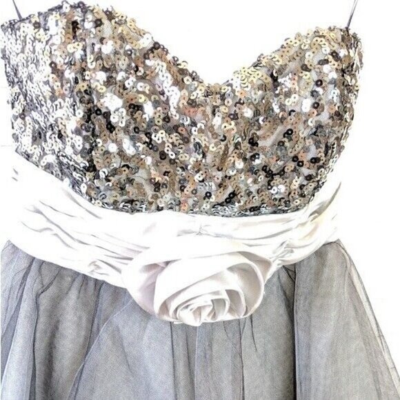 Xtraordinary Silver/Black Sequin Tulle dress Women's Juniors 1 90s Y2K princess - Picture 2 of 3